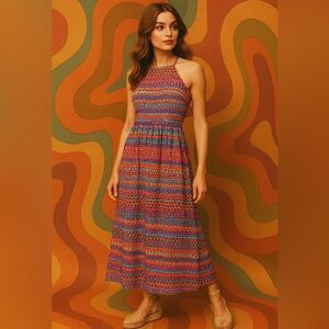 🌟 Vibrant CeCe 70’s inspired  boho by Cynthia Steffe Halter Maxi Dress – Size 10